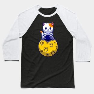 Cute Astronaut Cat Sitting On Moon Cartoon Baseball T-Shirt